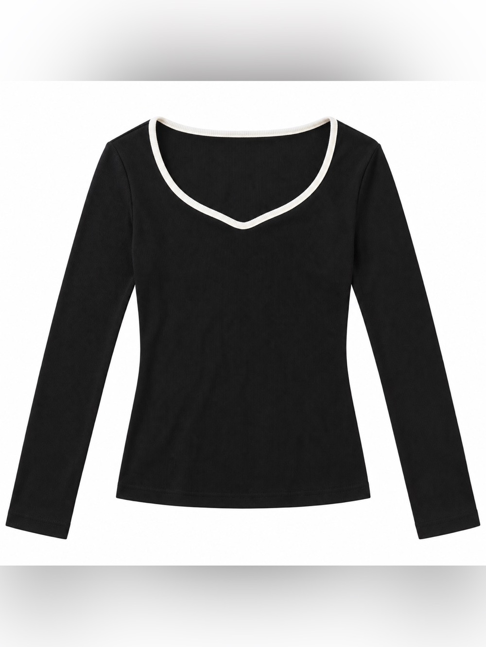 Black Long-Sleeve V-Neck Top with White Trim